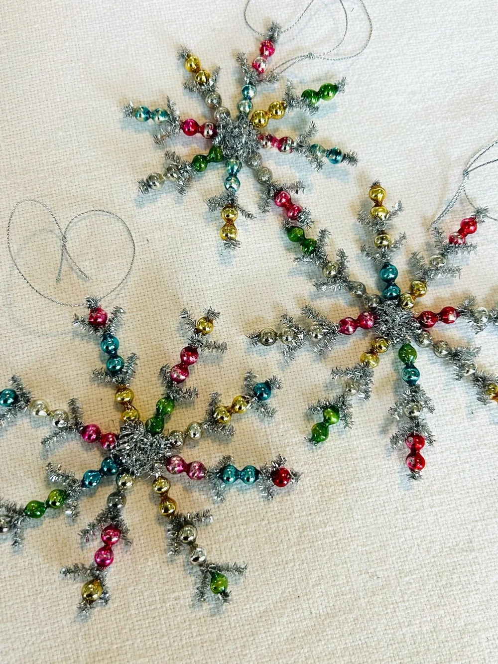 3 Vintage repurposed holiday Christmas glass garland bead snow flake ornaments